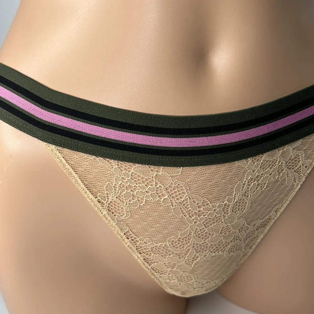 Forever 21 Beige Lace With Sporty Stripe Elastic Waistband‎ Panties Sz L NWT